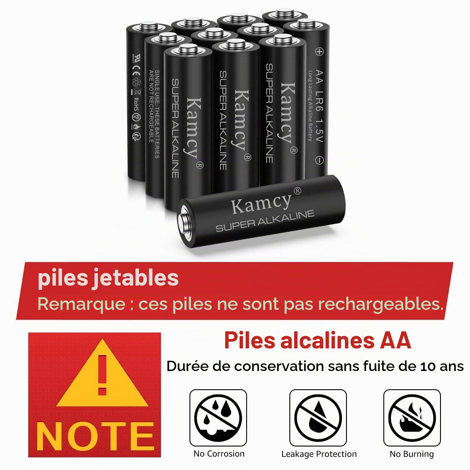 KAMCY LR6 piles AA alcalines lot de 12 1,5V longue durée